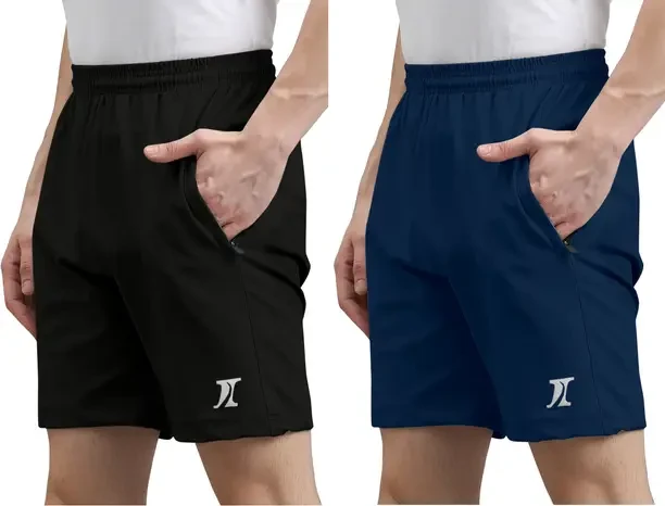 Pack of 2 Solid Men Black, Blue Casual Shorts