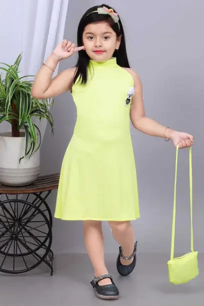 Girls Above Knee Festive/Wedding Dress  (Yellow, Sleeveless)