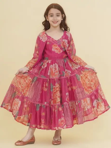Girls Maxi/Full Length Party Dress  (Pink, Full Sleeve)
